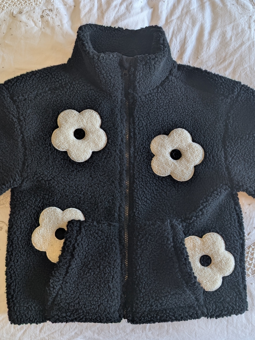 Girl Black Sherpa Jacket with Cream Flower Appliqués